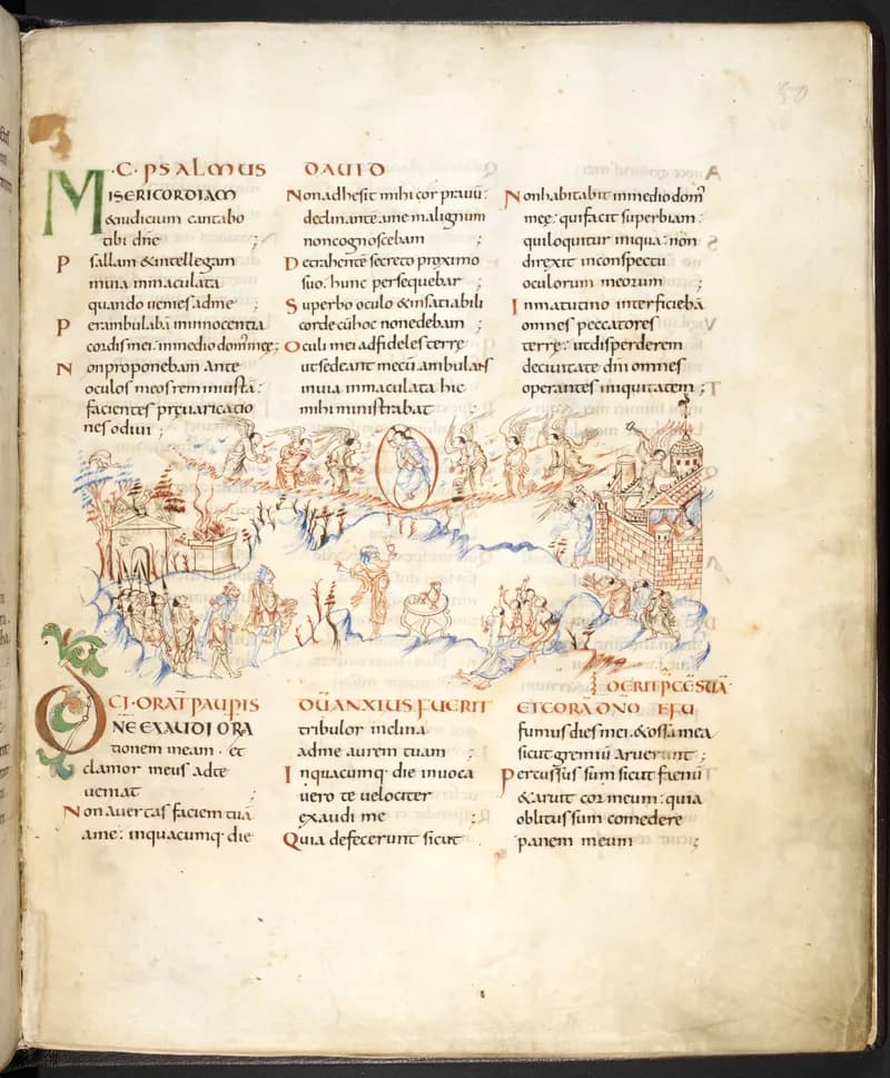 Harley Psalter, fol. 50r by Master of the Harley Psalter depicting Psalms 100:1