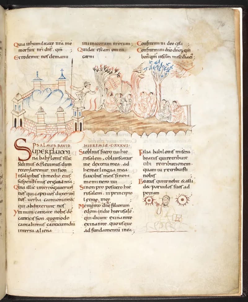 Harley Psalter, fol. 70r by Master of the Harley Psalter depicting Psalms 141:1