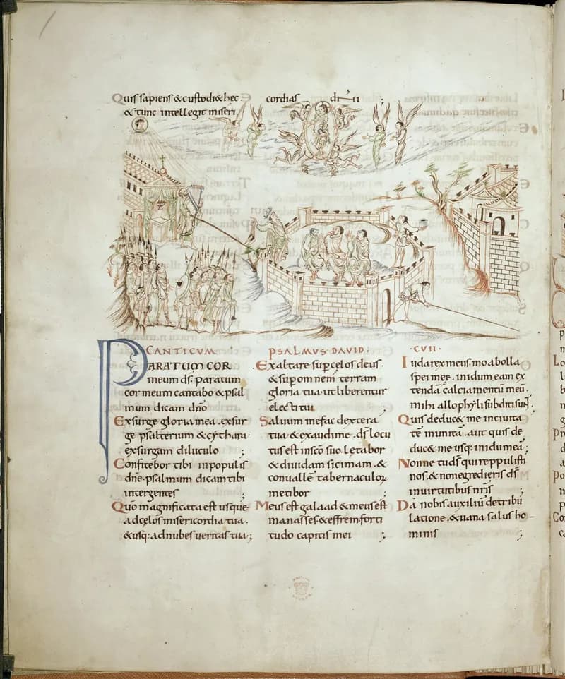 Harley Psalter, Psalm 108 (fol. 55v) by Master of the Harley Psalter depicting Psalms 109:1