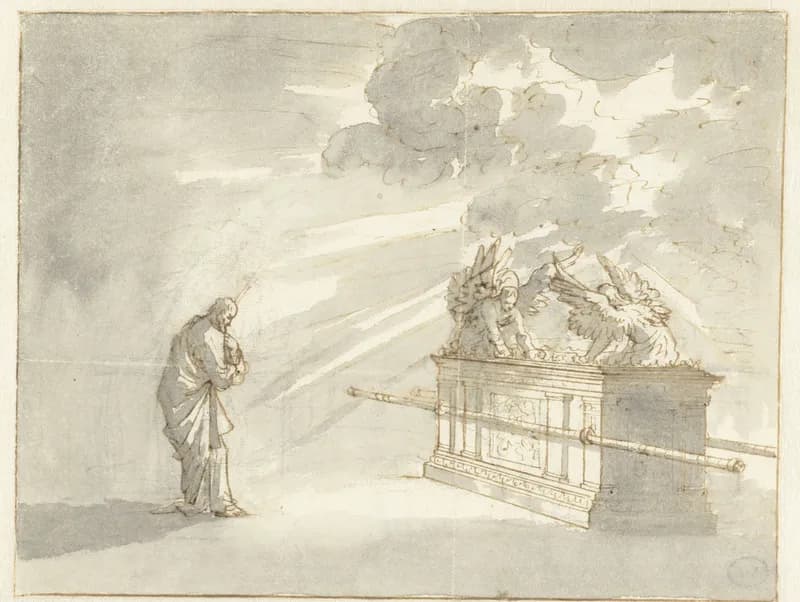 Mozes staande bij de Ark des Verbonds by Jan Luyken depicting Exodus 25