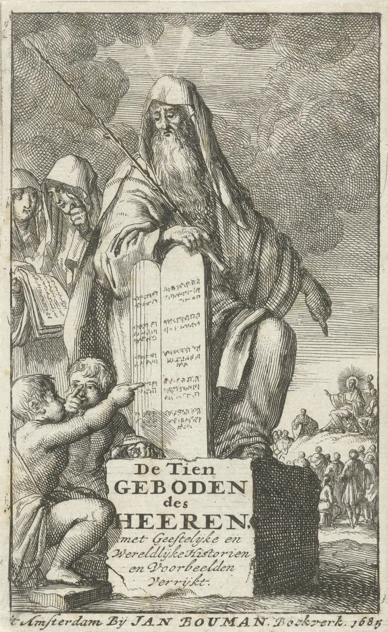 Titelpagina voor: A. Hondorffius, De tien geboden des Heeren, 1685 by Jan Luyken depicting Exodus 32