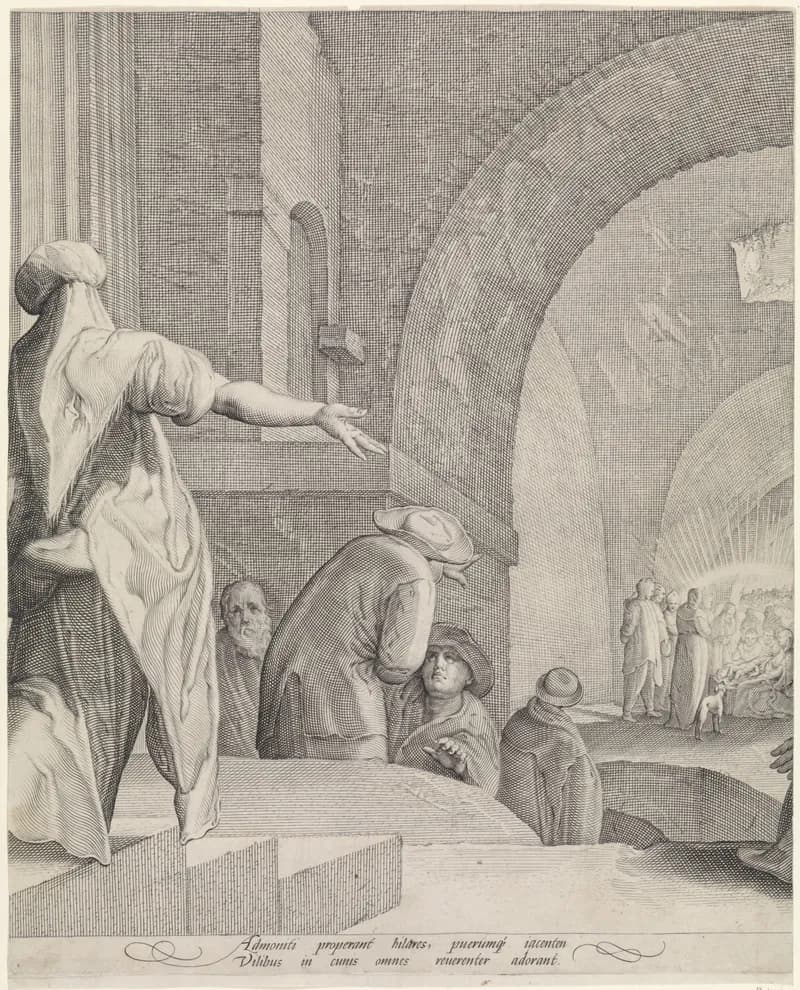 Aanbidding door de herders (middelste blad) by Jan Saenredam depicting Luke 2