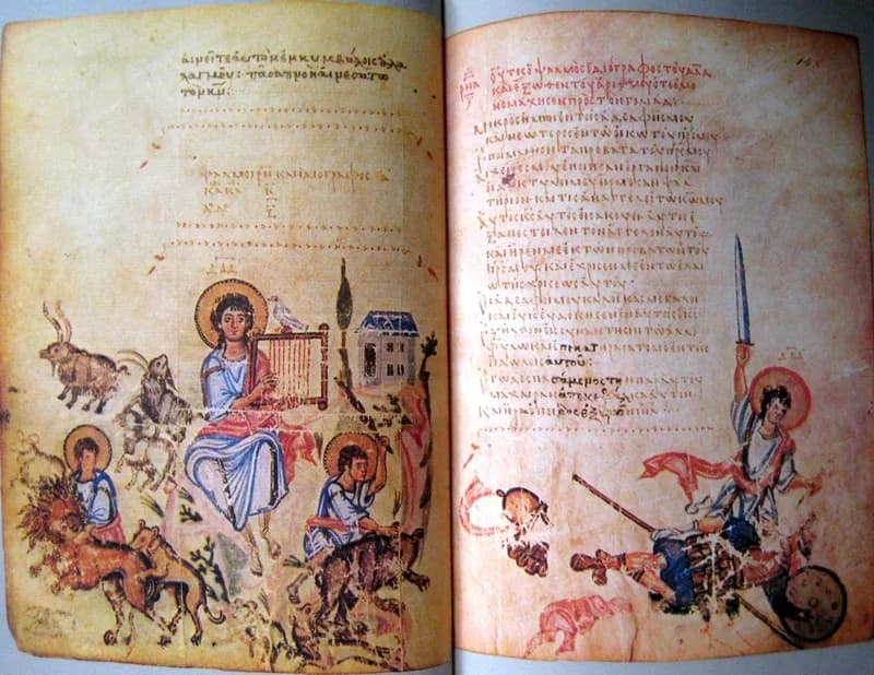 David Composing the Psalms (Khludov Psalter) by Master of the Khludov Psalter depicting Psalms 1:1