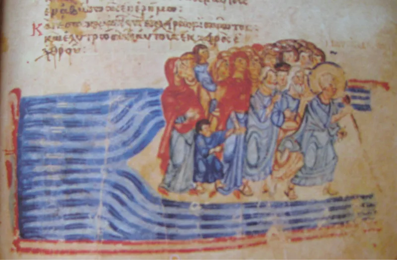 Crossing the Red Sea (Khludov Psalter, Psalm 78) by Master of the Khludov Psalter depicting Psalms 78:12