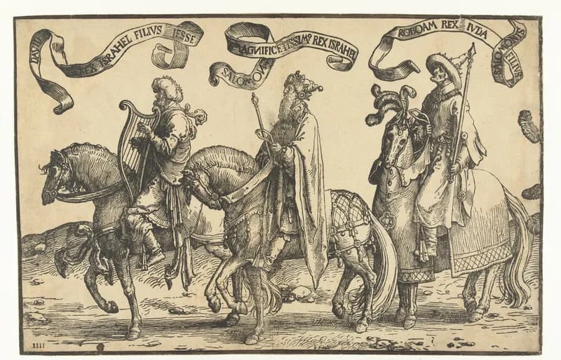 Koningen David, Salomo en Jerobeam by Lucas van Leyden depicting 1 Kings 3