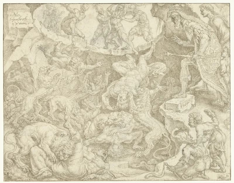 Aanklagers van Daniël worden in de leeuwenkuil geworpen by Maarten van Heemskerck depicting Daniel 6