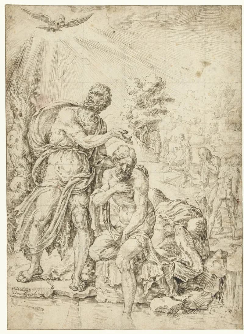Doop van Christus by Maarten van Heemskerck depicting Matthew 3