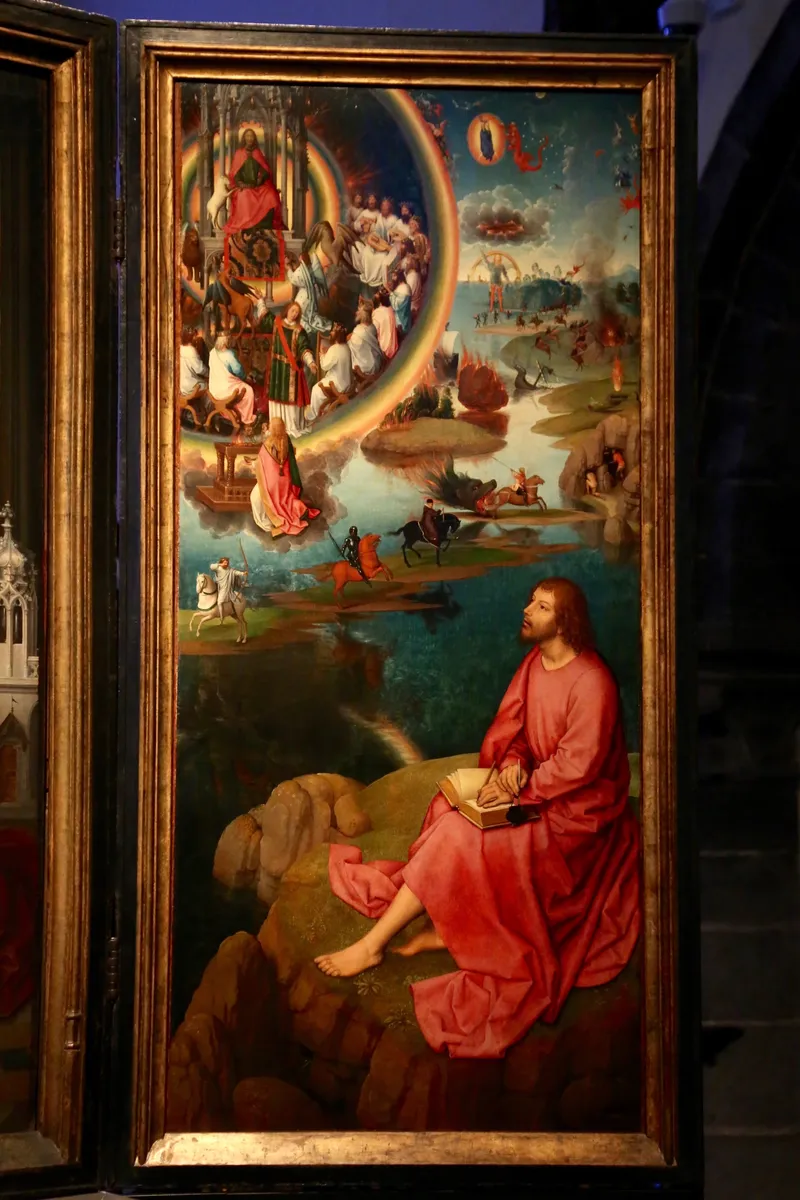 Saint John on Patmos (St John Altarpiece, right wing) by Hans Memling depicting Revelation 1:9