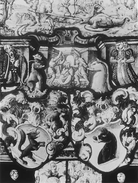 Saint George and the Dragon, the Scourging of Christ and the Last Judgement, with donor figures and armorials by Anonymous depicting Revelation 12