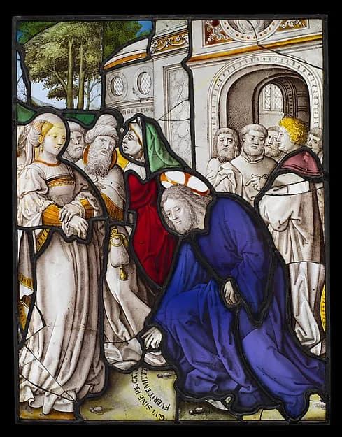 Christ and the Woman Taken in Adultery (one of a set of 12 scenes from The Life of Christ) by Jan Rombouts depicting John 1