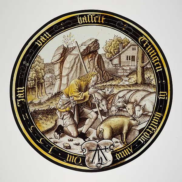The Prodigal as a Swineherd (one of eight scenes from the story of the Prodigal Son) by Anonymous depicting Luke 15