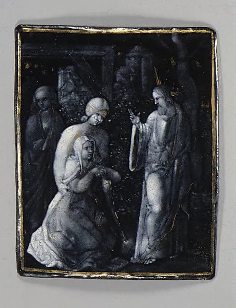 Christ Saying Farewell to His Mother (one of seven) by Jean II Pénicaud depicting Luke 1