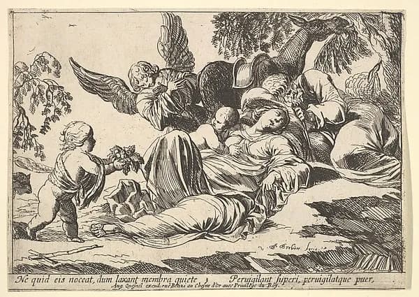 Angels Giving Fruit to the Sleeping Holy Family, from "Episodes from the New Testament" by Pierre Brebiette depicting Luke 2