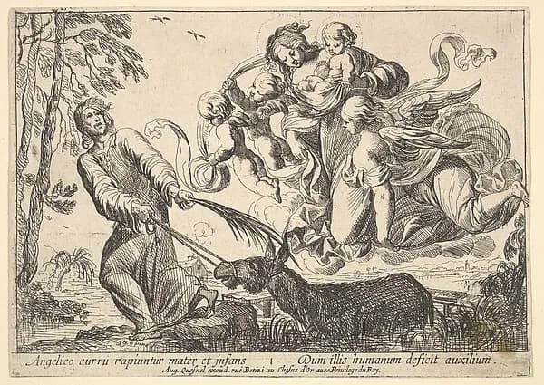 Angels Lifting Virgin and Child, from "Episodes from the New Testament" by Pierre Brebiette depicting Luke 2