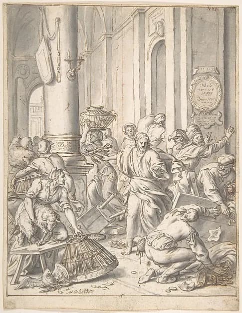Christ Driving the Money Changers from the Temple by Matthias Scheits depicting Matthew 21