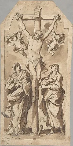Christ on the Cross Between Mary and Saint John by Johann Christophorus Storer depicting Matthew 27