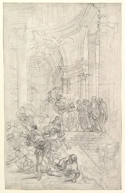 Christ Driving the Money Changers from the Temple by Lorenzo de' Ferrari depicting Matthew 21
