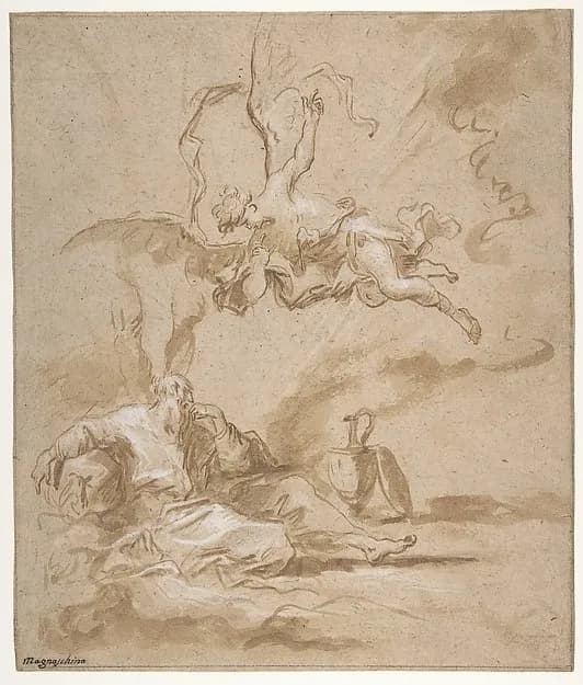 Elijah Visited by an Angel in the Wilderness (1 Kings 19:4-8) by Alessandro Magnasco depicting 1 Kings 17
