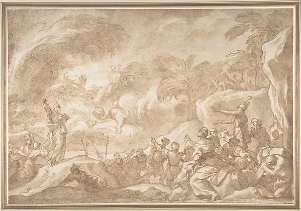 Moses and the Chosen People Behold the Drowning of the Egyptian Army in the Red Sea by Domenico Piola depicting Exodus 14