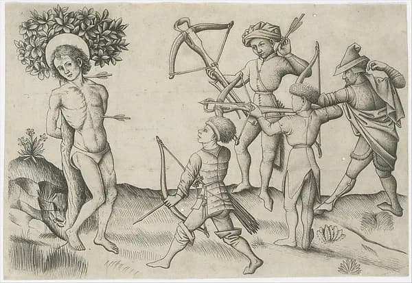 Saint Sebastian by Master of the Playing Cards depicting Romans 8