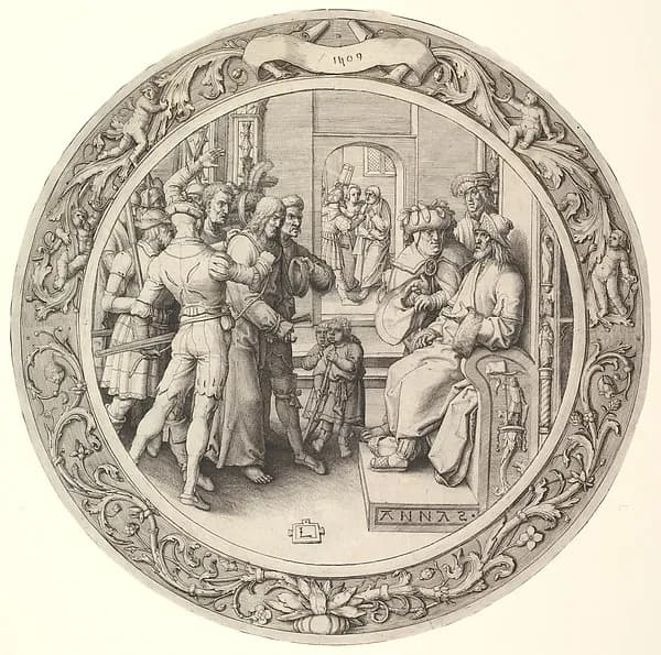 Christ before Annas, from the Circular Passion by Lucas van Leyden depicting Matthew 27