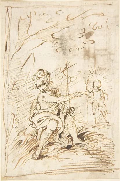 The Infant Saint John the Baptist with the Infant Christ in the Wilderness (recto); Fragment of Architectural Design with Engaged Corinthian Columns (verso) by Pedro Duque Cornejo depicting Matthew 3