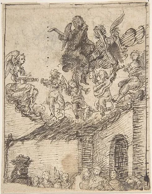 Fragment of Nativity Scene with Music-Making Angels on Clouds Above by Anonymous, Spanish, School of Seville, 17th century depicting Luke 2