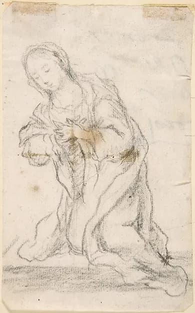 Kneeling Virgin (Virgin Annunciate) (recto); Writing (verso) by Anonymous, Spanish, School of Seville, 17th century depicting Luke 1