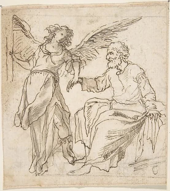 Angel Leading Saint Peter out of Prison (?) by Anonymous, Spanish, School of Seville, 17th century depicting Matthew 4