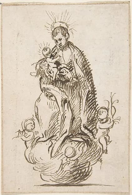 Male Saint (Stanisław Kostka?) standing on clouds supported by putti, holding infant Christ by Pedro Duque Cornejo depicting John 1