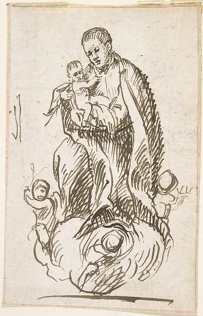 Male Saint (Stanisław Kostka?) standing on clouds supported by putti, holding infant Christ by Pedro Duque Cornejo depicting John 1