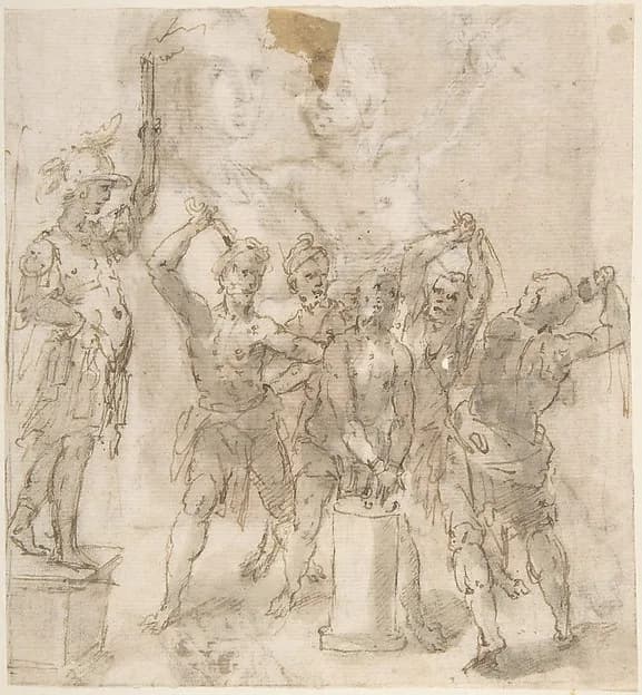 The Flagellation of Christ (recto); Madonna and Child and Unrelated Figure Studies (verso) by Anonymous, Spanish, School of Seville, 17th century depicting Matthew 27