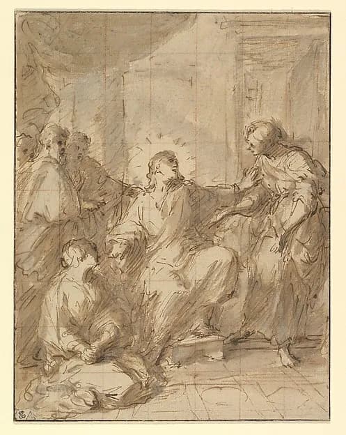 Christ in the House of Martha and Mary by Ferdinand Pierre Joseph Ignace Delamonce depicting Luke 10