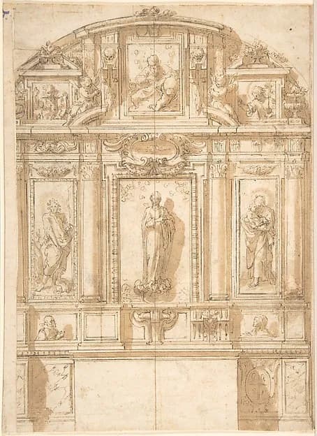 Design for an Altar with the Virgin of the Immaculate Conception in the Center by Anonymous, Spanish, 17th century depicting Luke 1