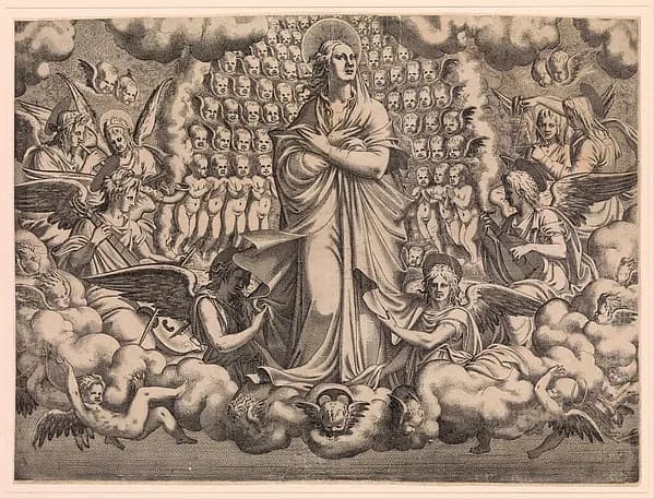 The Apostles looking at Christ and the Virgin in a Glory of Angels (top left plate) by Léon Davent depicting Luke 1