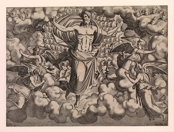 The Apostles Looking at Christ and the Virgin in a Glory of Angels (top right plate) by Léon Davent depicting John 1