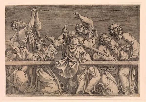 The Apostles Looking at Christ and the Virgin in a Glory of Angels (bottom left plate) by Léon Davent depicting John 1