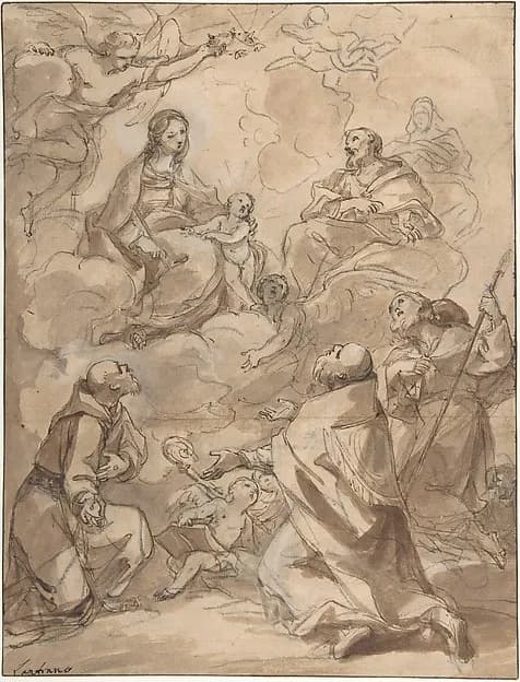 The Holy Family Appearing to St. Francis, St. Augustine, and St. Roch by Charles Joseph Natoire depicting Luke 2