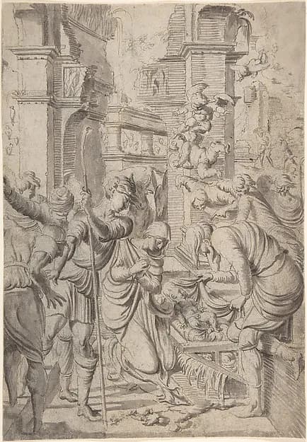Adoration of the Shepherds by Aertgen Claesz. van Leyden depicting Luke 2
