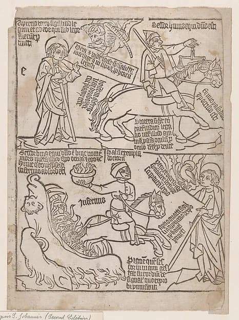 A Rider on a Black Horse with a Pair of Balances in His Hand; and A Pale Horse with Death as Its Rider, from an Apocalypse blockbook, 2nd edition by Anonymous, Netherlandish, 15th century depicting Revelation 1