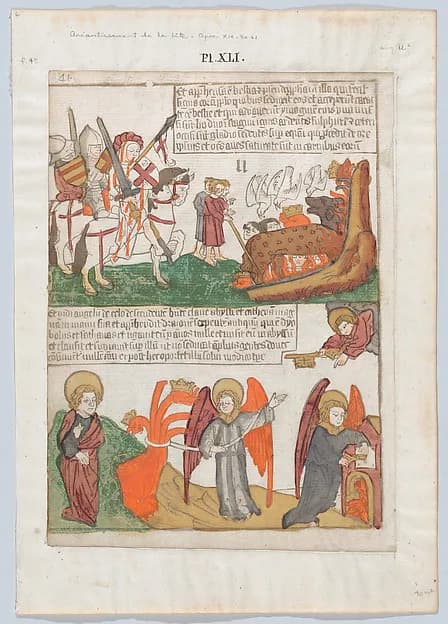The Annihilation of the Beast; The Capture and Incarceration of the Beast from an Apocalypse blockbook, 2nd edition by Anonymous, Netherlandish, 15th century depicting Revelation 19