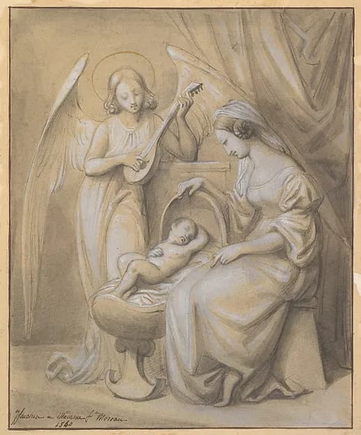Virgin and Child Adored by a Lute-Playing Angel by Jean-Jacques Feuchère depicting Luke 2
