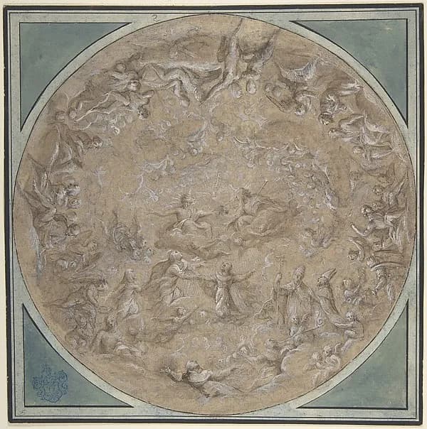Monastic Saint Presented to the Holy Trinity by the Virgin, Study for a Circular Ceiling Decoration by Lazzaro Baldi depicting Luke 1