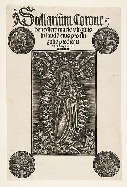 Virgin on a Crescent, title page from Pelbartus de Temesvar's "Stellarium corone" by Daniel Hopfer depicting Luke 2