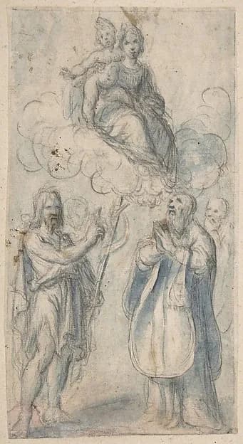 The Virgin and Child with Saint John the Baptist, Pope Saint Dionysius, Filippo Neri and a Male Saint by Baccio (Lorenzo Bartolo) Ciarpi depicting Matthew 3
