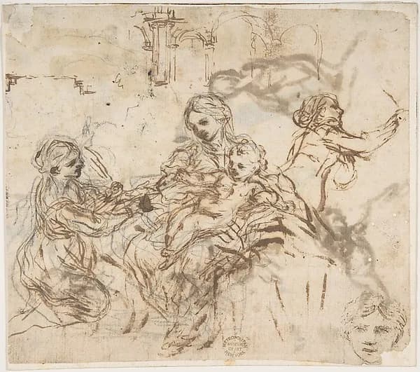 The Virgin and Child with Saint Martina, Another Study of Saint Martina, Studies of a Head, and of an Arcade (recto); Figure Studies (verso) by Pietro da Cortona (Pietro Berrettini) depicting Luke 2