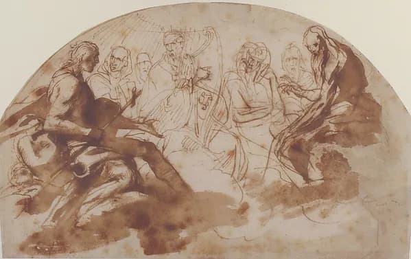 Saint John the Baptist, Saint Benedict, King David, and Other Seated Figures by Daniele Crespi depicting 1 Samuel 16