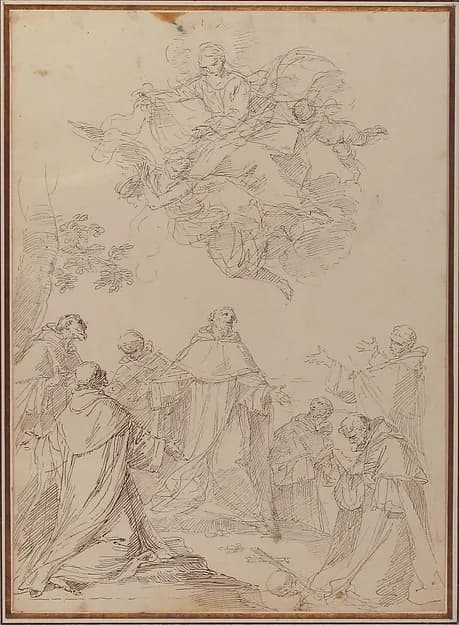 The Virgin Bringing the Habit to the Seven Founding Fathers of the Servite Order by Donato Creti depicting Luke 1
