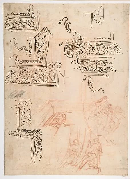 Studies of Architectural Moldings, of the Virgin and Child with a Kneeling Saint, and of Two Angels Supporting Frames (recto); Studies for Architectural Mouldings (verso) by Baldassarre Franceschini (il Volterrano) depicting Luke 2