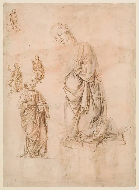 Sketches of Figures of the Virgin Kneeling, Saint Peter Standing, Seated Allegorical Figures of Faith and Charity, and Child Standing on a Corbel (?) (recto); Sketches of Figures of Saint Sebastian Standing and the Virgin and Child with Angels (verso) by Francesco di Simone Ferrucci depicting Romans 8